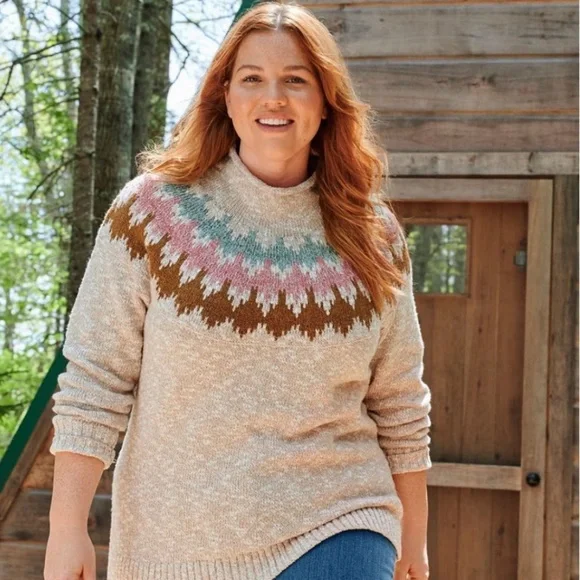 L.L. Bean Women's Cotton Ragg Sweater Funnelneck Pullover Fair Isle - Picture 7 of 7